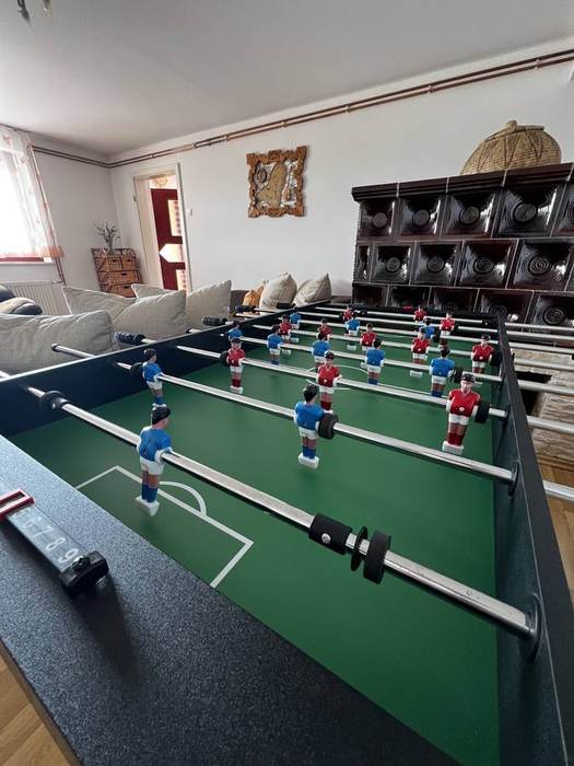 Living area with foosball and traditional stove